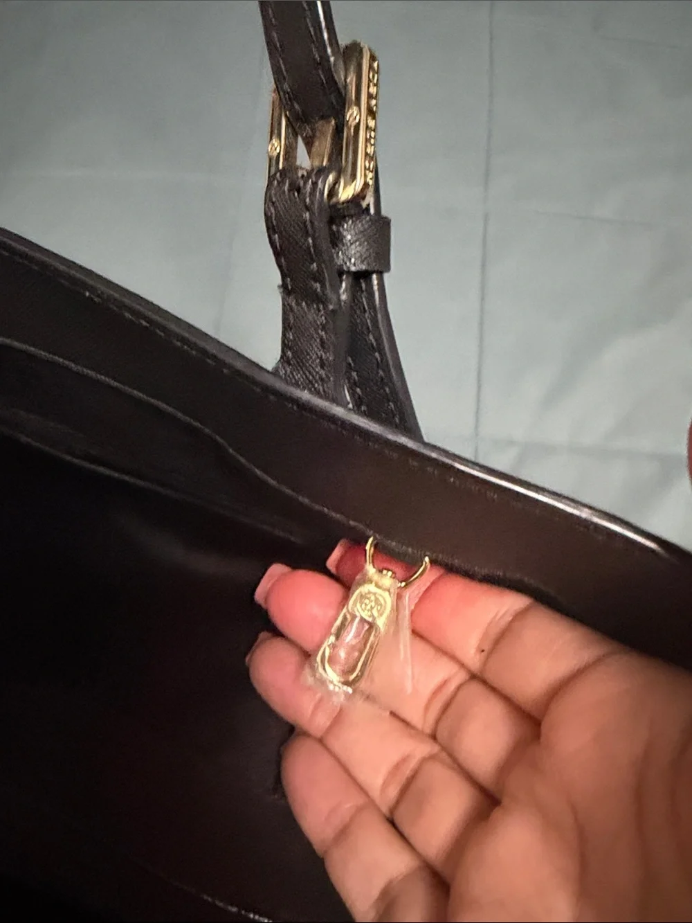 Tory Burch Black Saffiano Leather Shoulder Tote with Gold Logo